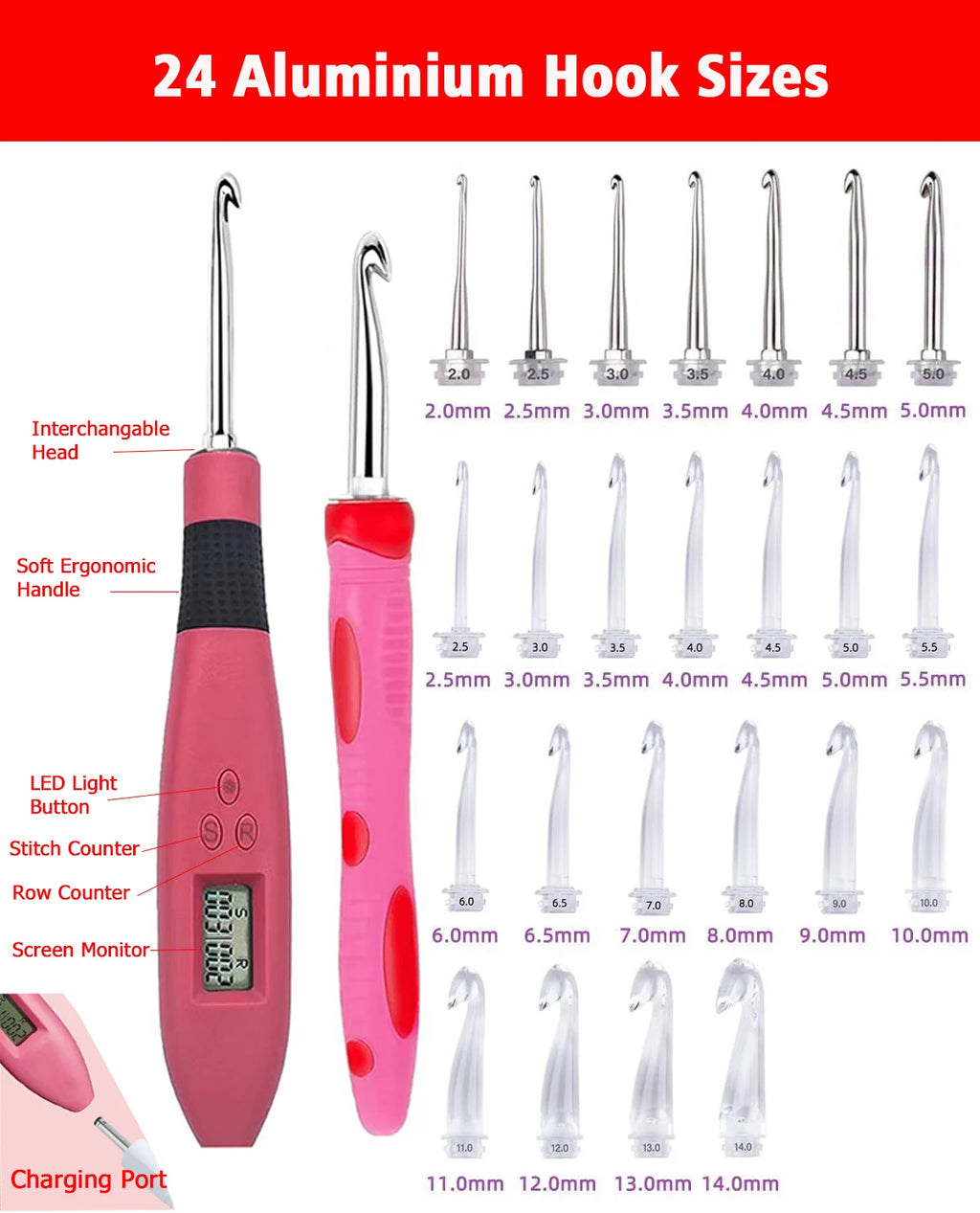 Kit de crochet rose et ses nombreux embouts interchangeables en aluminium alignés du plus petit au plus grand