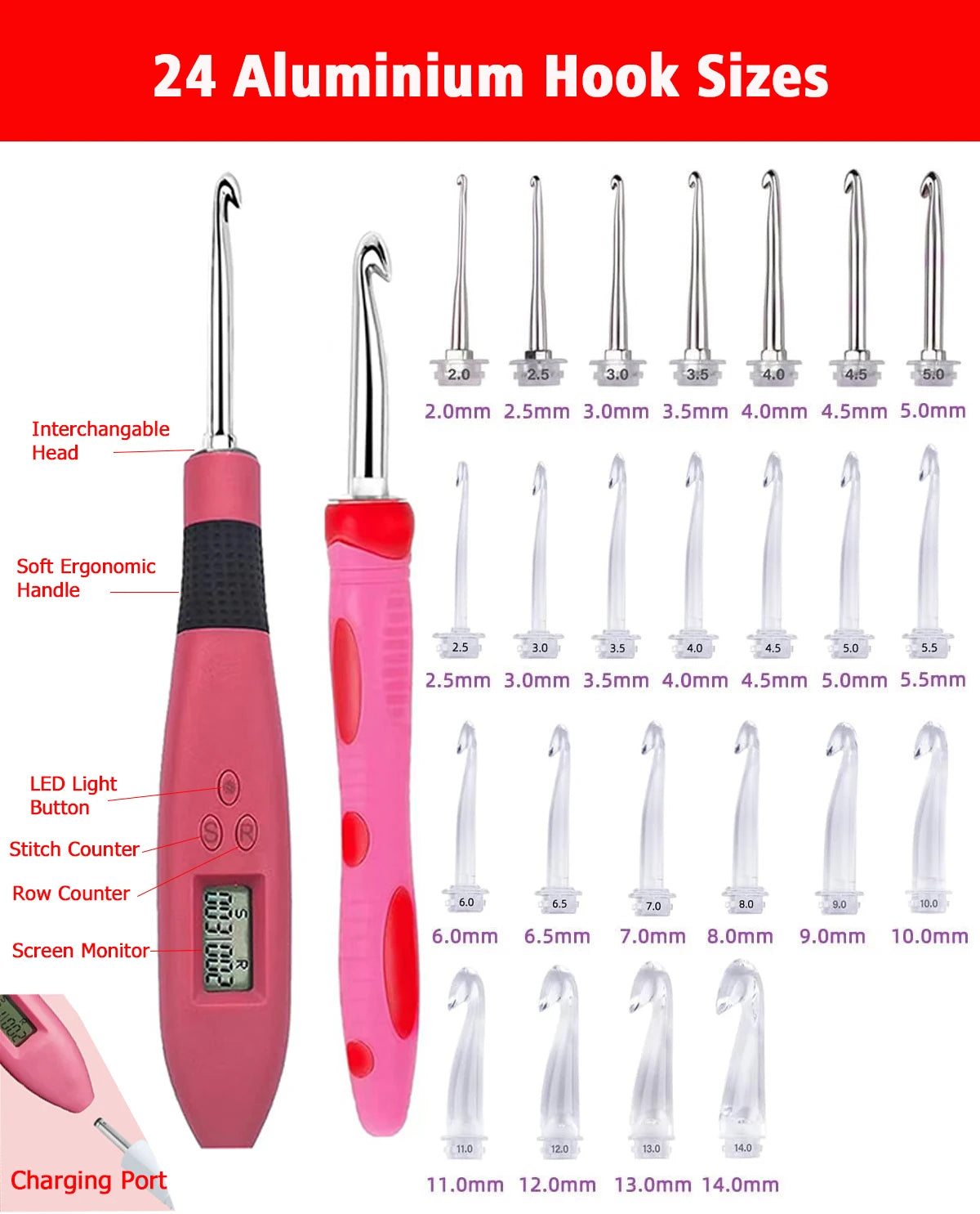 Kit de crochet rose et ses nombreux embouts interchangeables en aluminium alignés du plus petit au plus grand