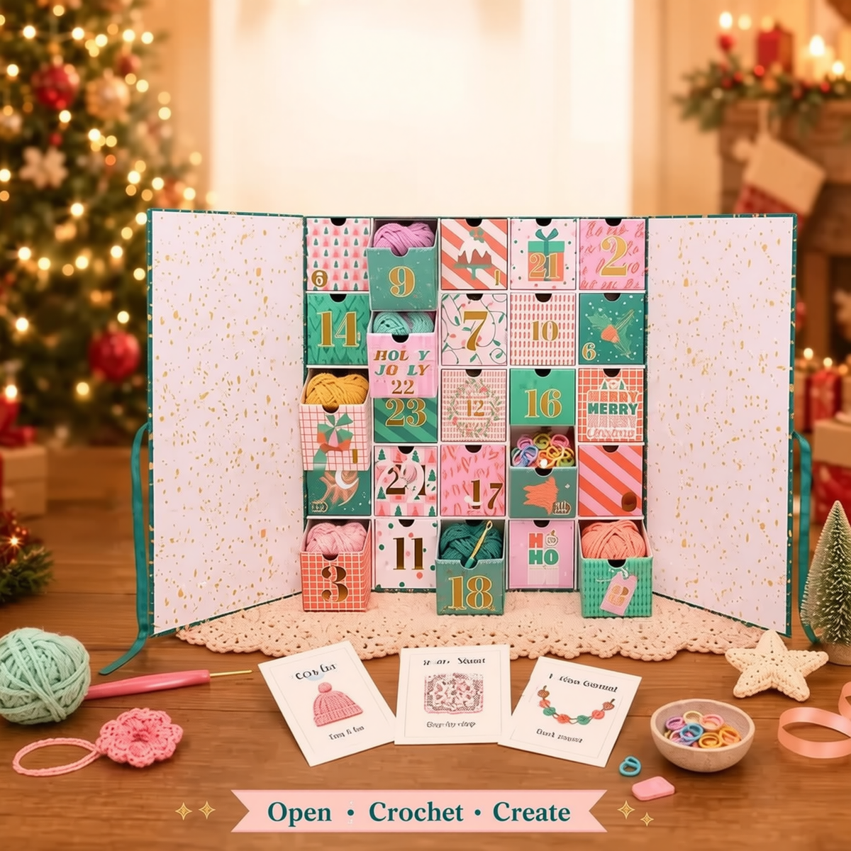 Calendrier de l'Avent crochet ouvert avec tiroirs pastel, mini pelotes de laine et fiches de modèles