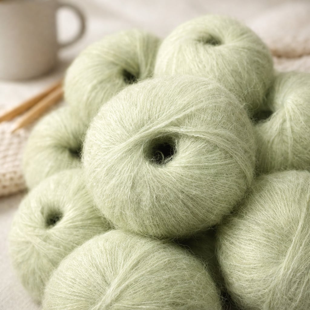 Pelotes de laine vert amande en mohair et alpaga, texture douce et duveteuse en gros plan