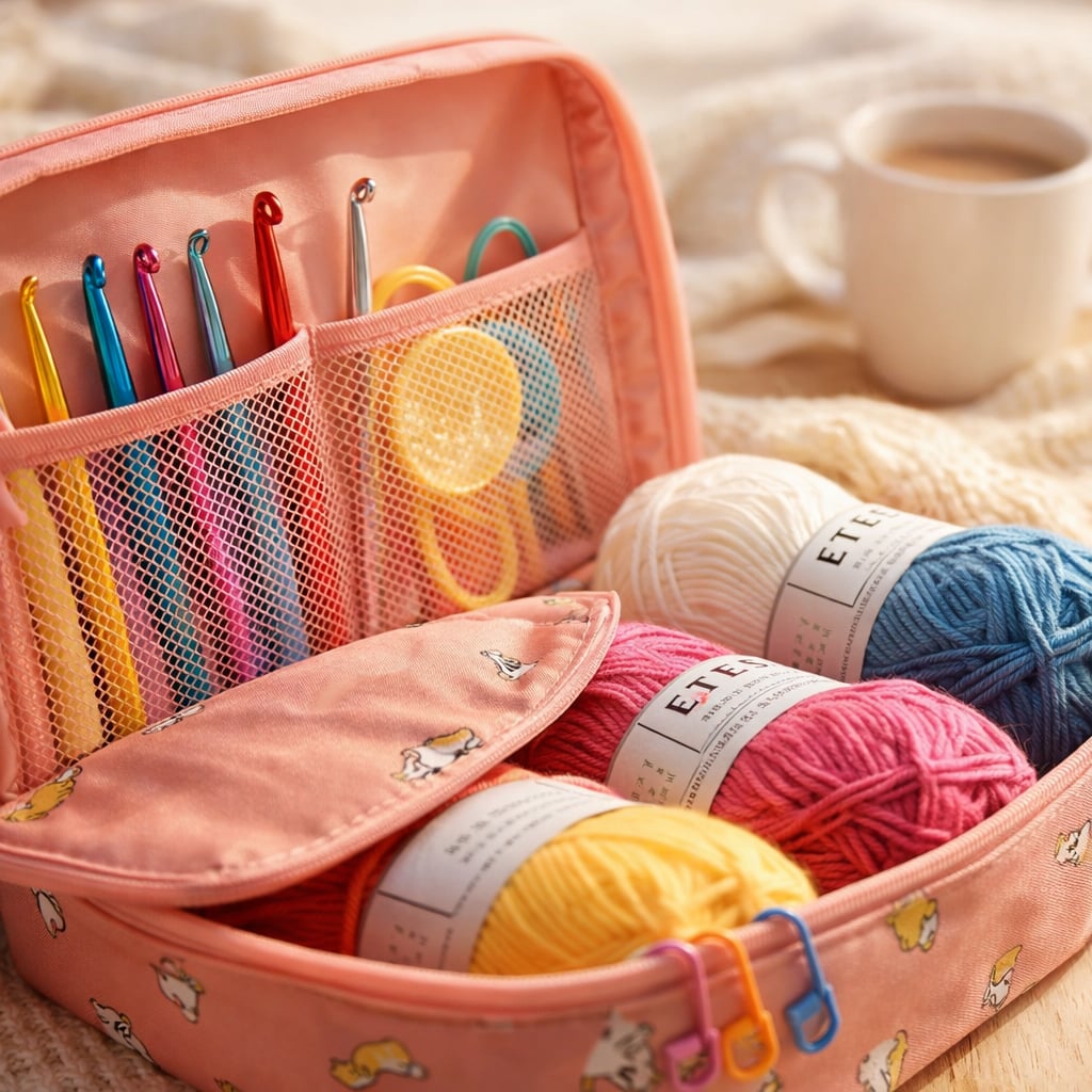 Kit crochet débutant 53 pièces avec rangement multicolore : détail de la matière