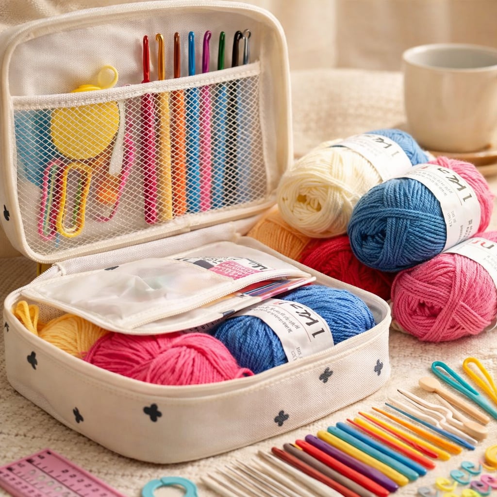 Kit de crochet avec trousse blanche ouverte, pelotes de laine colorées, crochets et accessoires