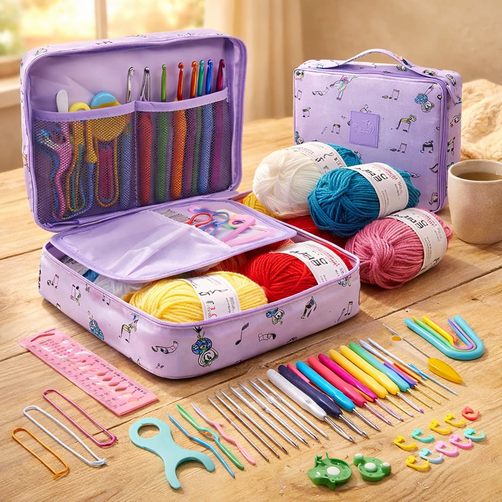 Kit crochet débutant 53 pièces avec rangement multicolore en situation
